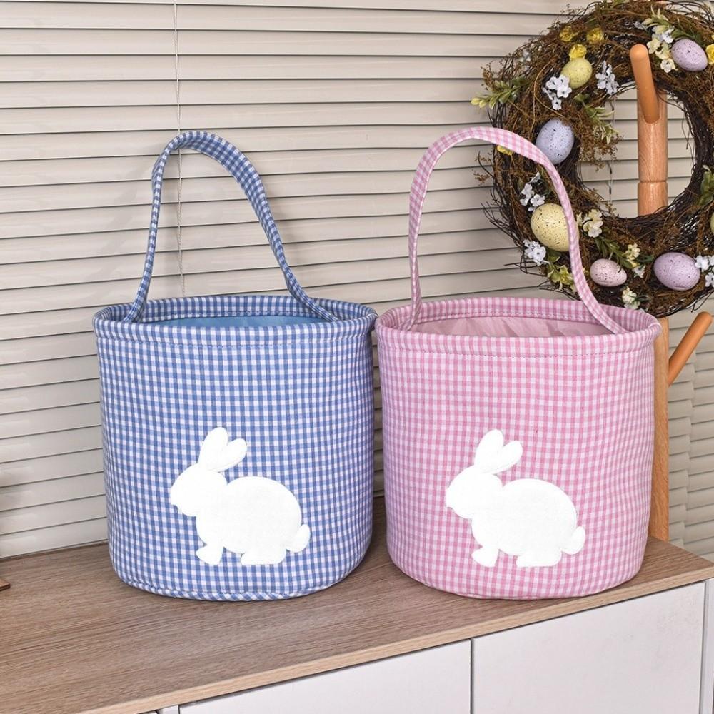 Embroidery Easter Rabbit Basket Plaid Easter Gift Basket Reusable Toys Storage Bag  Nursery Storage