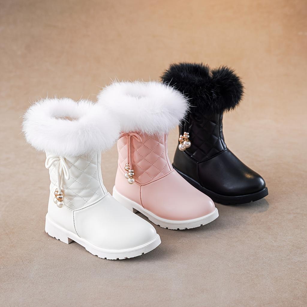 Girls' Winter Boots 2024, Warm Cute Pearl Bowknot, Quilted Pattern, Cartoon Solid Color