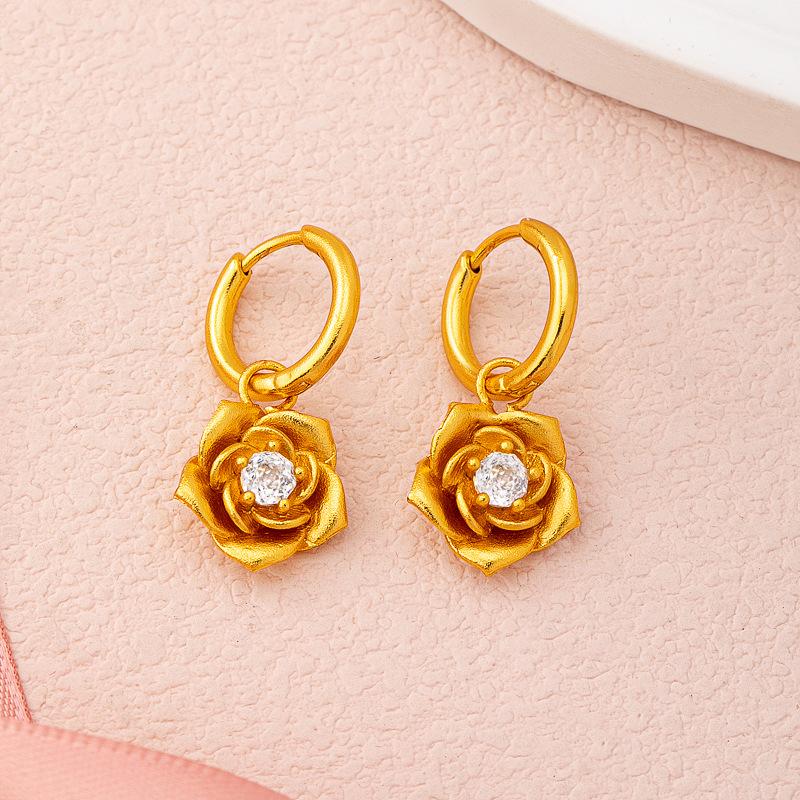 New sand gold inlaid three-dimensional rose pendant earrings exquisite high-end sand gold earrings