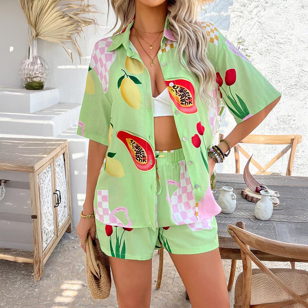Весна-лето Женский повседневный праздничный стиль Collision Printed Shorts Set