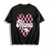 Винтажная клетчатая футболка с принтом сердца и надписью "Mama" Повседневная футболка с круглым вырезом 100% хлопок