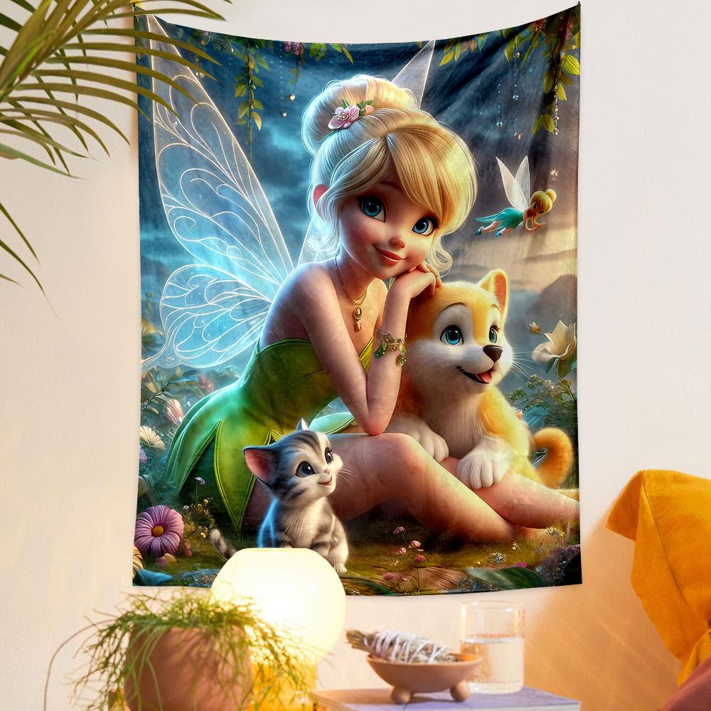 Tinkerbell with Puppy Kitten Forest Garden Girls Bedroom Wall Hanging Tapestry for Bedroom Wall Decor