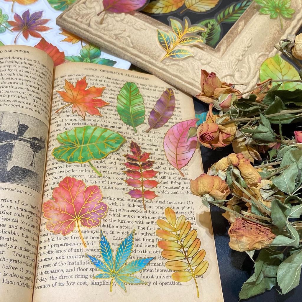 50Pcs/Set Vintage Colorful Leaves Gold Stamping PET Stickers DIY Waterproof Fashion Decals Journal Stickers