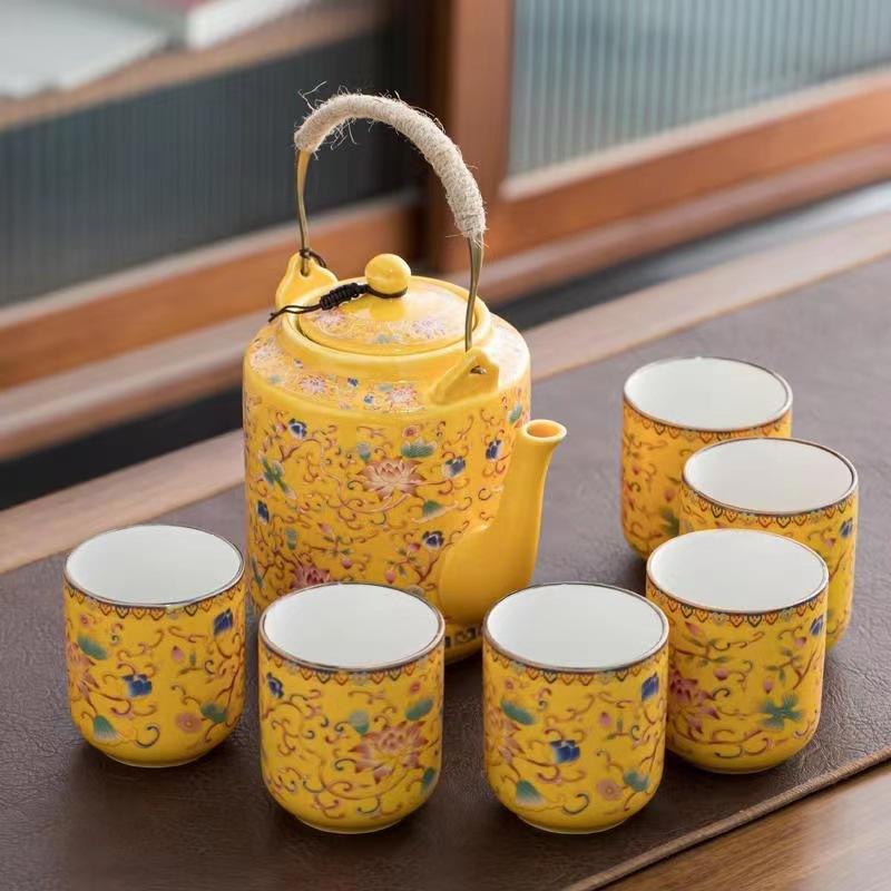 Household ceramic guest tea set Enamel color ceramic beam large teapot simple large cup cold kettle to make tea