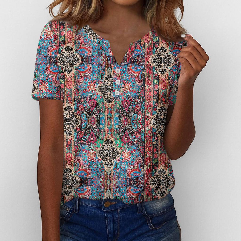Летние топы для женщин Блузки на пуговицах для женщин Нарядные повседневные футболки с V-образным вырезом