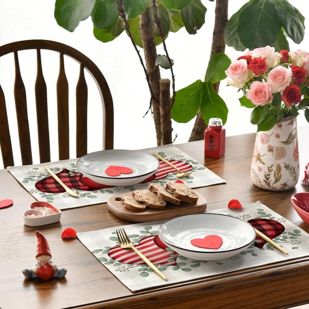 Buffalo Plaid Eucalyptus Hearts Valentine Placemats Set of 4, 12x18 Inch Wedding Holiday Table Mats for Party Kitchen Dining Decoration