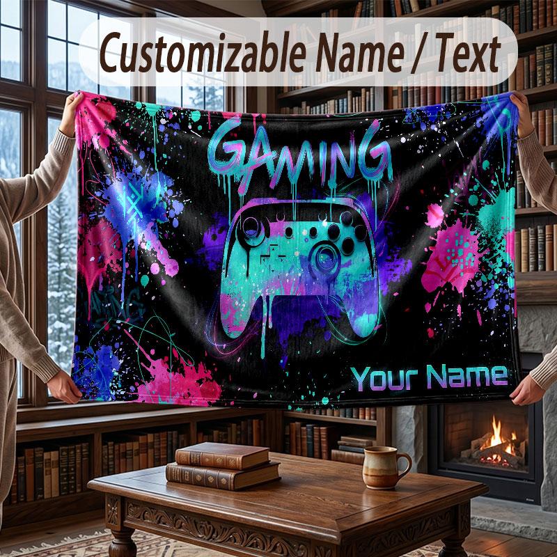 Game Controller Theme Throw Blanket Custom Name Text Personalized Blanket Soft Cozy Blanket for Home Sofa Bed