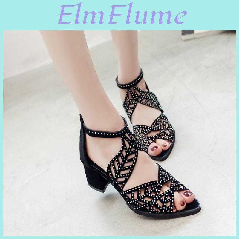 Fish Womens Shoes Mouth Sandals Breathable Hollow Out Chunky Heel Rear Zipper Large Size High Heels
