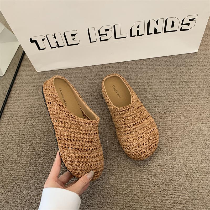Woven Bag Head Wearing Half Slippers Women's 2025 Summer Beach One Pedal Bag Head Half Drag Muller Flat Slippers