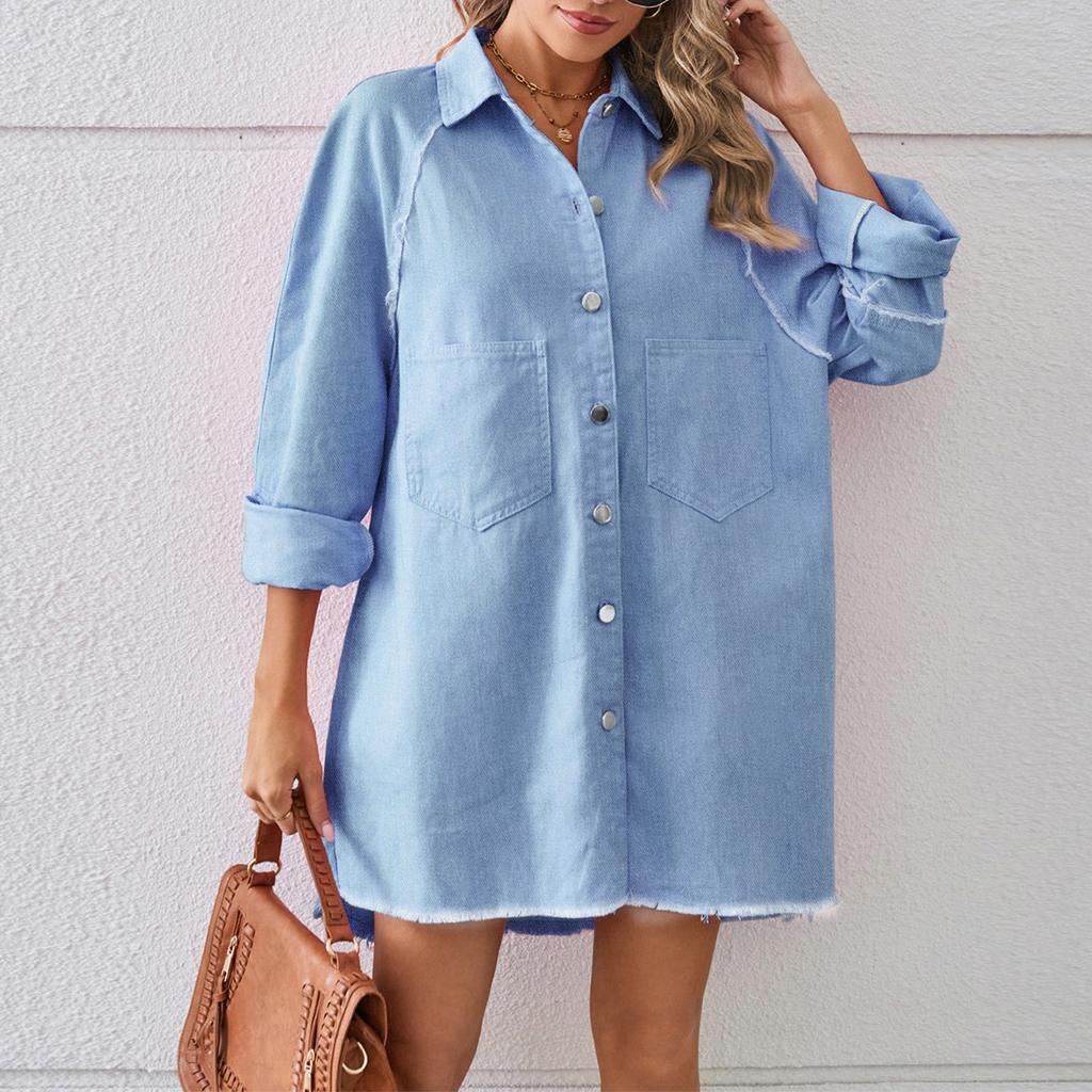 Женская мода, повседневный однотонный винтажный потертый джинсовый свободный повседневный топ с длинными рукавами