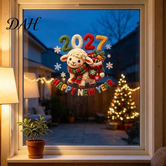 Static Window Clings Happy New Year Cling, 2027 Crochet Sheep Snowflake Glass Decals Glas Sticker, Reusable Christmas Holiday Decoration Decal