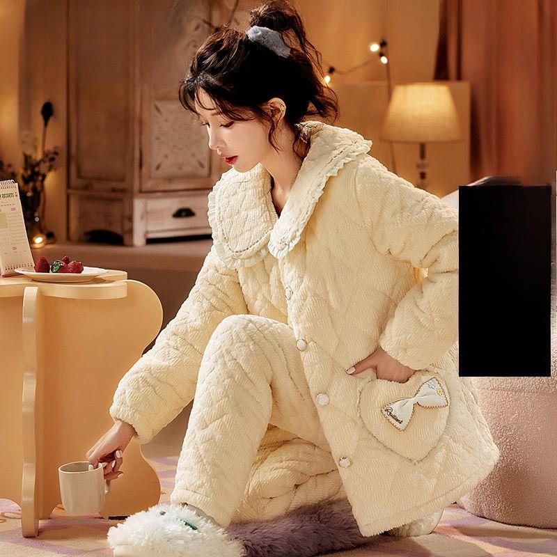 Коралловая бархатная пижама женская зимняя трикотажная стеганая куртка из толстой фланели корейский кашемировый женский комплект домашней одежды можно носить на улице