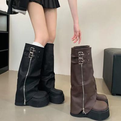 Модные осенне-зимние женские высокие сапоги-рыцари на толстой подошве, модные туфли на плоской подошве, длинные ботинки, женские ковбойские туфли в стиле вестерн