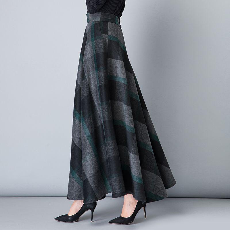New Woolen Plaid Skirt for Women Mid-length Autumn and Winter Slimming High-waisted A-line Skirt Casual Long Skirt
