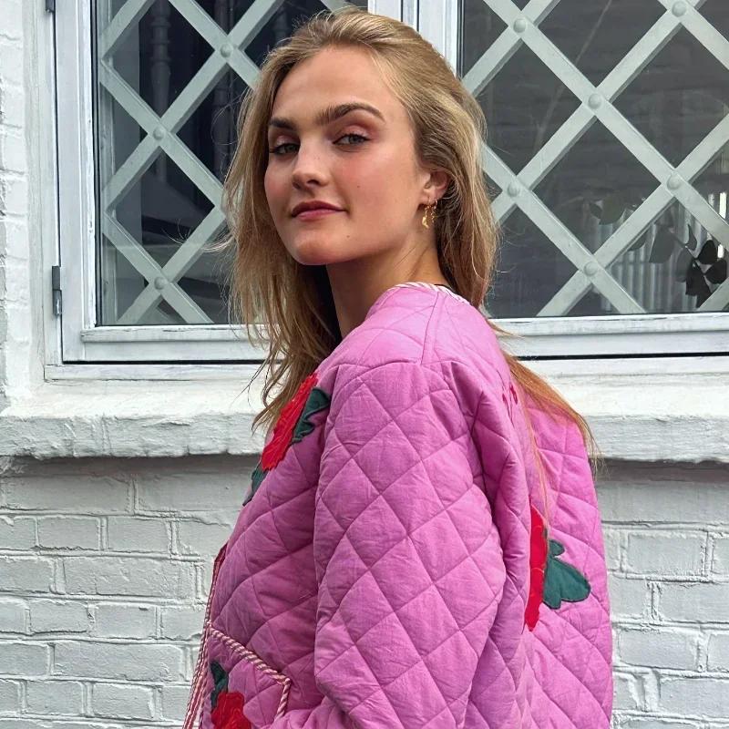 Женская хлопковая куртка с цветочным принтом на шнуровке, шикарный О-образный вырез, карман, длинное рукавное пальто, осень 2024 г., женская стеганая теплая верхняя одежда с подкладкой