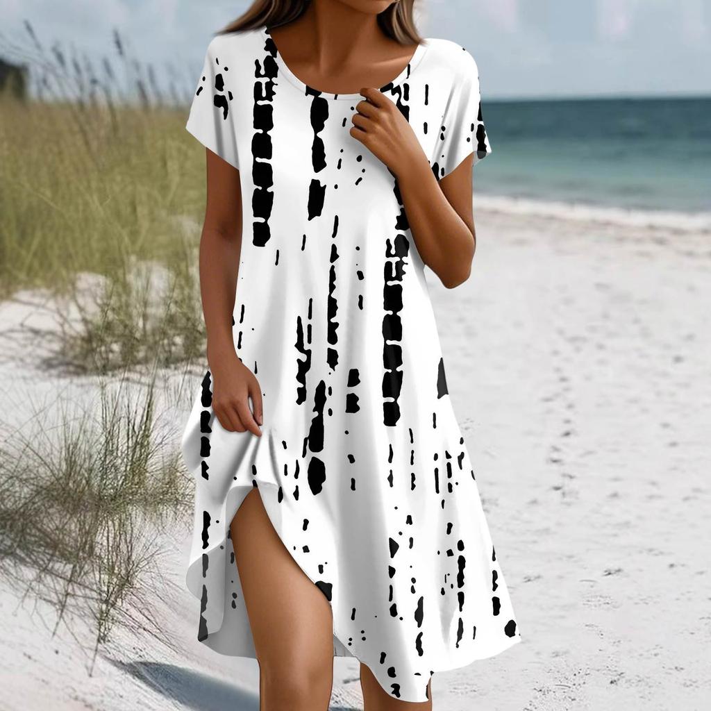 Short Sleeve Boho Dress For Women Casual Loose Fit Summer Sundress Floral Print Dress With Pockets