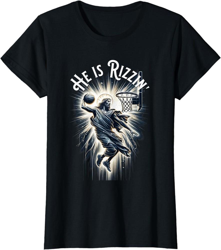 Sports Rizzen He Is Rizzin Jesus Playing Basketball Ladies039 Crewneck T-Shirt