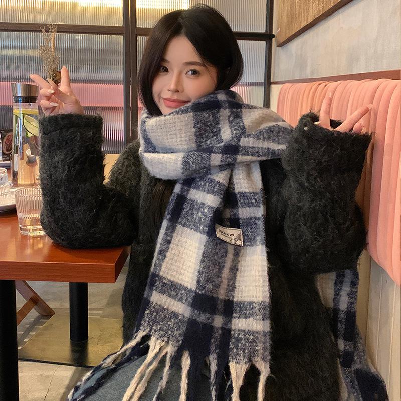 Exquisite New Autumn and Winter Scarf Atmosphere Blue Plaid Scarf High End Scarf Thickened and Warm