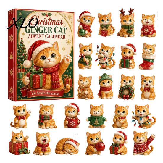 24 Day Christmas Countdown Cat Advent Calendar, with Cute Ornaments, Decorative Accents 2D Acrylic Kitty Holiday Decorations, Gift for Kids,