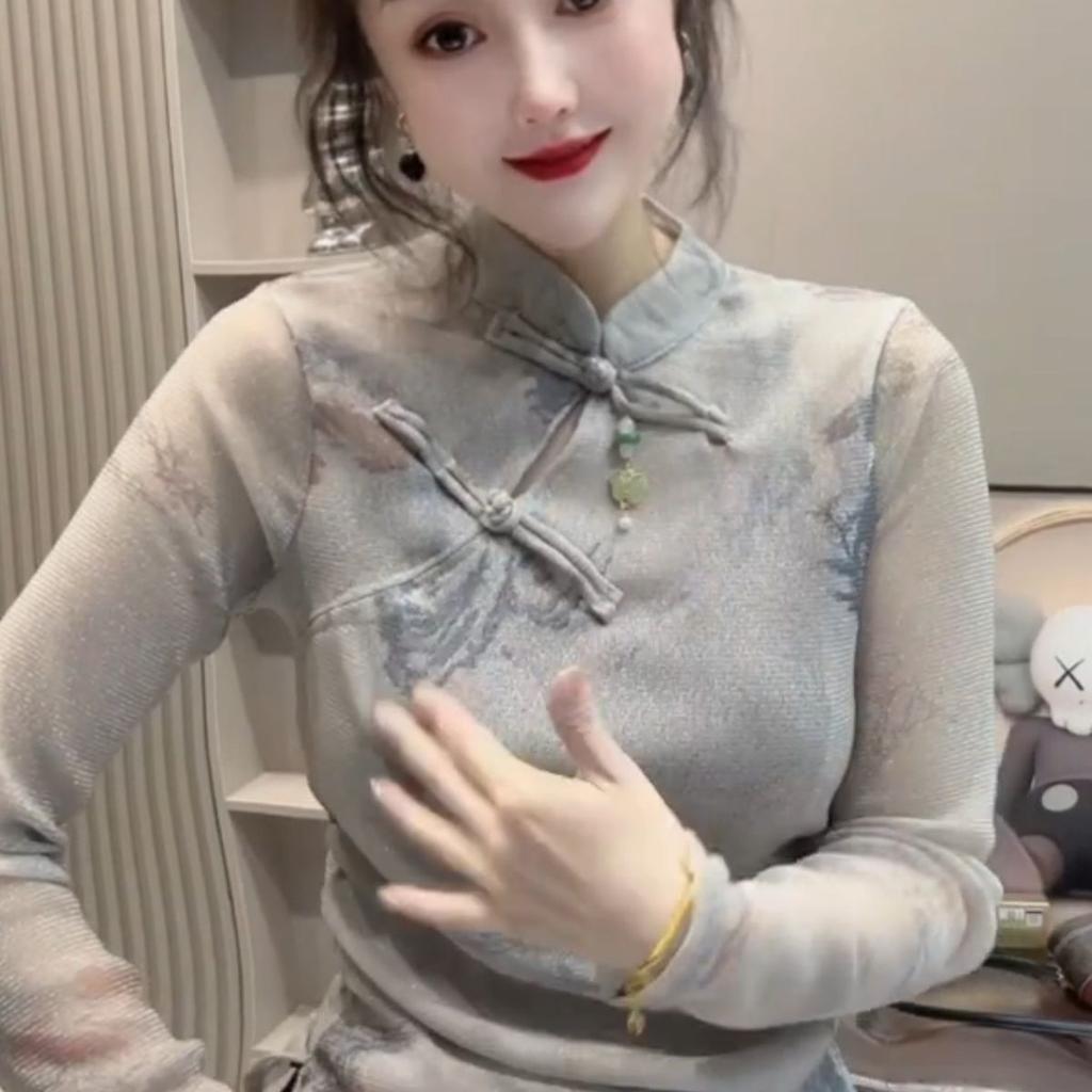 Весенний дизайн, стойка-воротник, футболка тай-дай, новая футболка с длинным рукавом, женская, приталенная, топ в новом китайском стиле