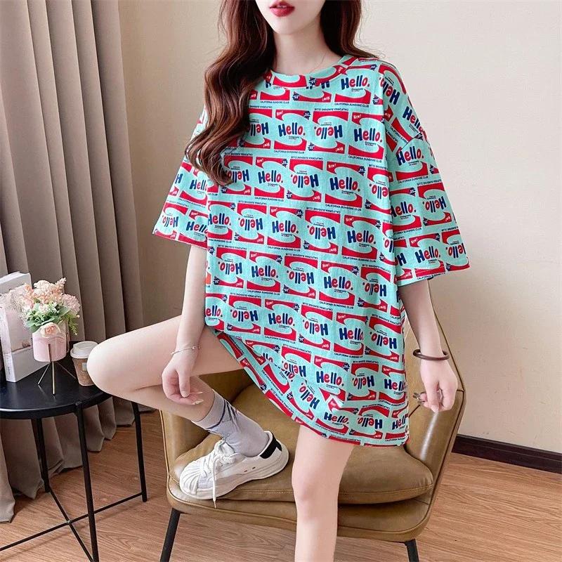 Летняя винтажная футболка с принтом Мода Женская Оверсайз Графические Длинные Футболки Y2k Топы Харадзюку хип-хоп Уличная одежда молодежная