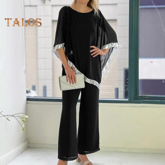 Женский комплект из 2 предметов: топ и брюки, рукава «летучая мышь», неровный подол с пайетками, блузка с круглым вырезом, однотонные широкие брюки, повседневный свободный наряд