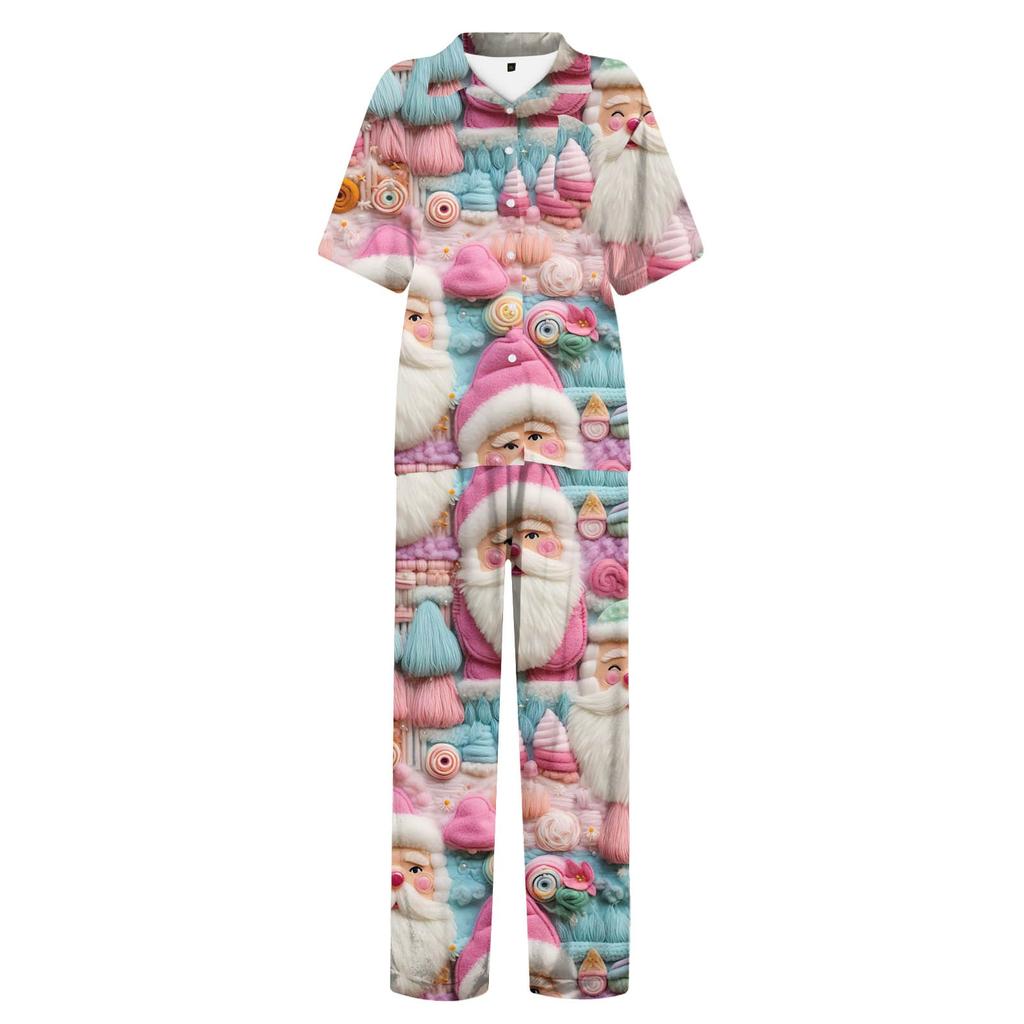 Женский рождественский пижамный комплект с принтом, женские короткие рукава, длинные брюки, комплект из двух предметов, застегивающийся на пуговицы, домашняя одежда