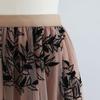 Women A-Line Skirt 3D Embroidered Leaf Print Double-Layered Mesh Tulle High Waist Midi Skirt