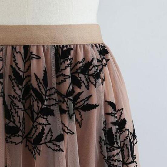 Women A-Line Skirt 3D Embroidered Leaf Print Double-Layered Mesh Tulle High Waist Midi Skirt