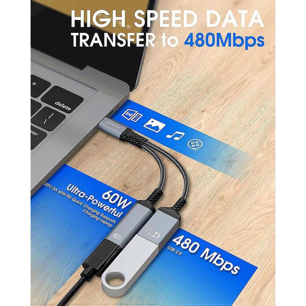 USB C на USB Адаптер OTG и Зарядный Кабель, 2 в 1 USB-C Разветвитель с 60W PD Зарядкой Type C OTG и USB A Женским Портом Совместимый с Chromecast Goo