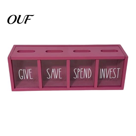 Wall Mounted Money Box Wooden Piggy Bank with 4 Compartments, Transparent Acrylic Box, Teaching Financial Literacy Skills Mounting Coin Container for