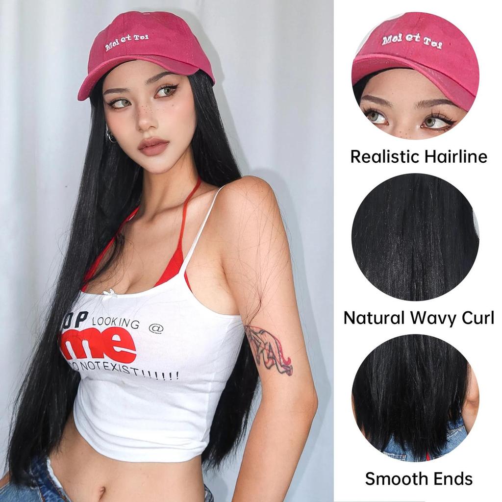 ALAN EATON Long Black Synthetic Wigs with Baseball Hat Removable Silk Straight Wig for Women Smooth Natural Realistic Wig Heat Resistant