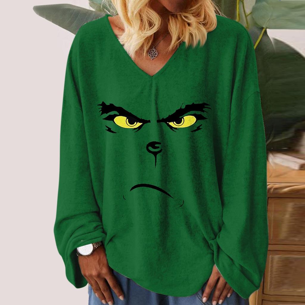 Женская свободная футболка с v-образным вырезом и рождественским принтом, длинными рукавами, топы с прямыми рукавами для женщин