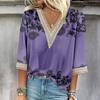 Женская рубашка, блузка, повседневные свободные рубашки, рукава 3/4, кружевные топы с v-образным вырезом и принтом, топы с принтом, футболки, футболки