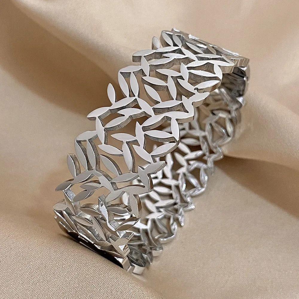 Позолоченные браслеты из нержавеющей стали на запястье водонепроницаемые украшения новые широкие браслеты с листьями