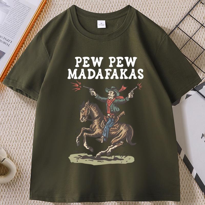 Retro Cowboy TShirt Pew Pew Madafakas Tshirt Funny Western Vintage Graphic Tee Cotton Short Sleeve Printed T Shirt Clothes