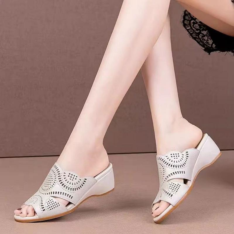 Fashion FHC 2024 New Women Mid Heels Slippers,Wedges Slides,Hollow Out Summer Shoes for Mum,Open Toe,Soft Bottom,Slip On,Beige,Dropship