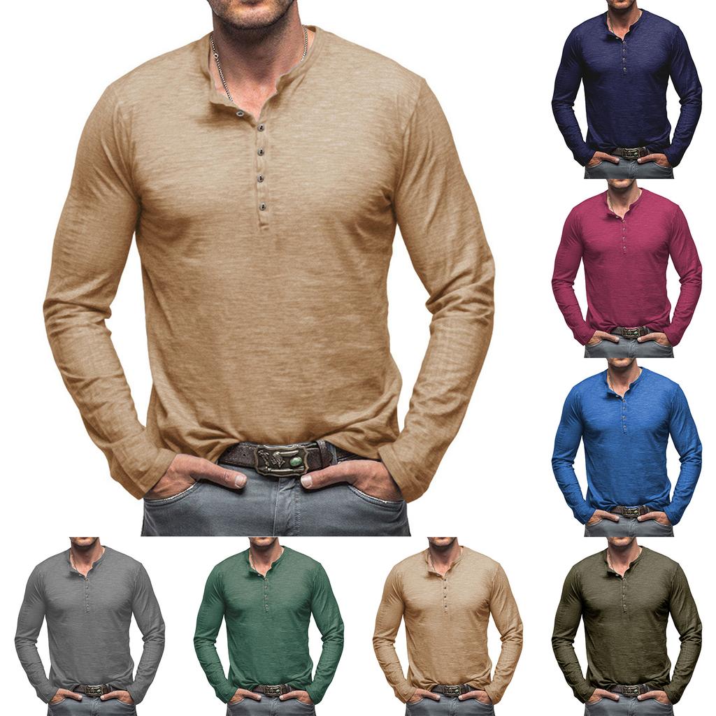 Men's Solid Color Long Sleeve T-Shirt Shirt Men's Casual Sports Top - Seven Buttons