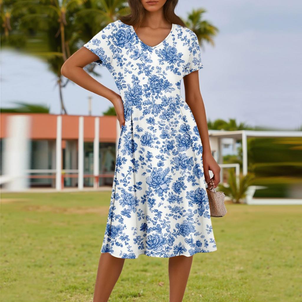 Ladies Summer Fashion Casual Floral Print V-Neck Short Sleeve Pocket Dress