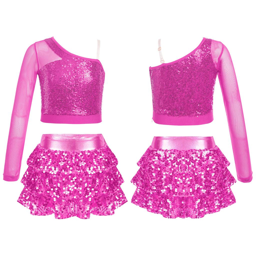 Kids Girls Dance Stage Performance Costume Sparkly Sequins Long Sleeve One Shoulder Top with Tiered Ruffle Skirted Shorts