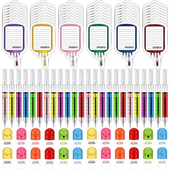 48 Pieces Fun Nurse Pens Set 12 Pcs Syringe Pens 12 Pcs Pill Pens 24 Pcs Blood Bag Sticky Notes Retractable Novelty Ballpoint Pen Cute Ballpoint Pens