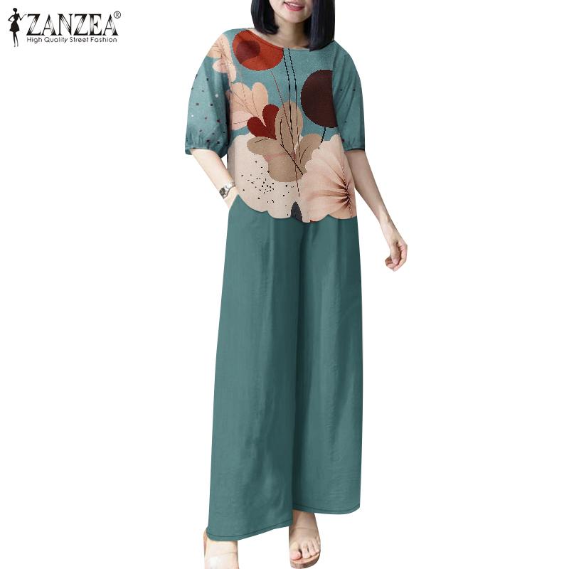 ZANZEA Женские повседневные комплекты из блузки и брюк с принтом из двух предметов