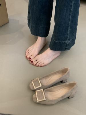 Французская квадратная пряжка туфли на высоком каблуке женская обувь 2025 новый темперамент элегантная знаменитость универсальный толстый каблук для работы легкий рот одинарные туфли