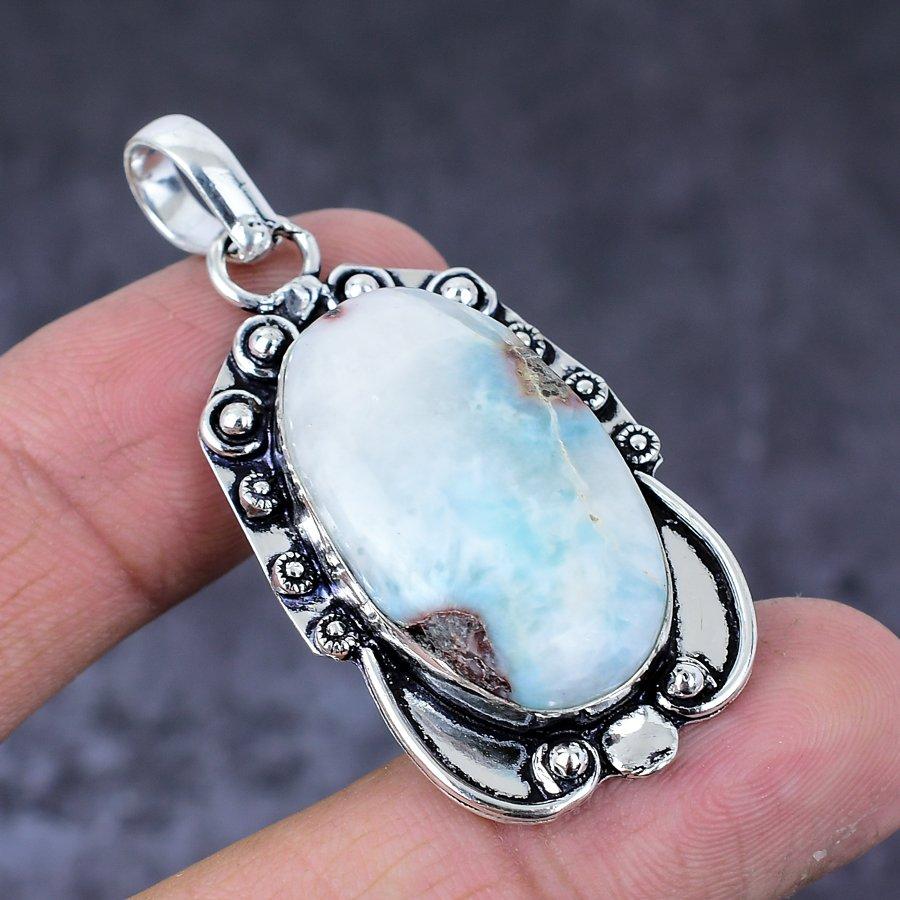 Caribbean Larimar Gemstone 925 Sterling Silver Jewelry Pendant 2.05"