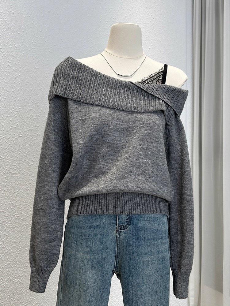 Women's Lace Off-The-Shoulder Long-Sleeve Knit Sweater Coat - Faux Two-Piece Design for Autumn/Winter