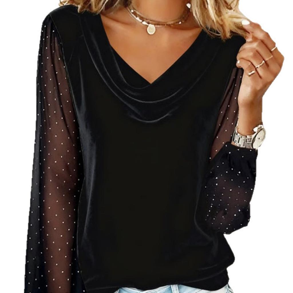 New Women's Solid Color V-neck Mesh Rhinestone Long Sleeve T-shirt, Casual Top for Women European American Fashion