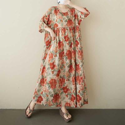 Женское ретро платье с круглым вырезом, короткими рукавами и свободным кроем