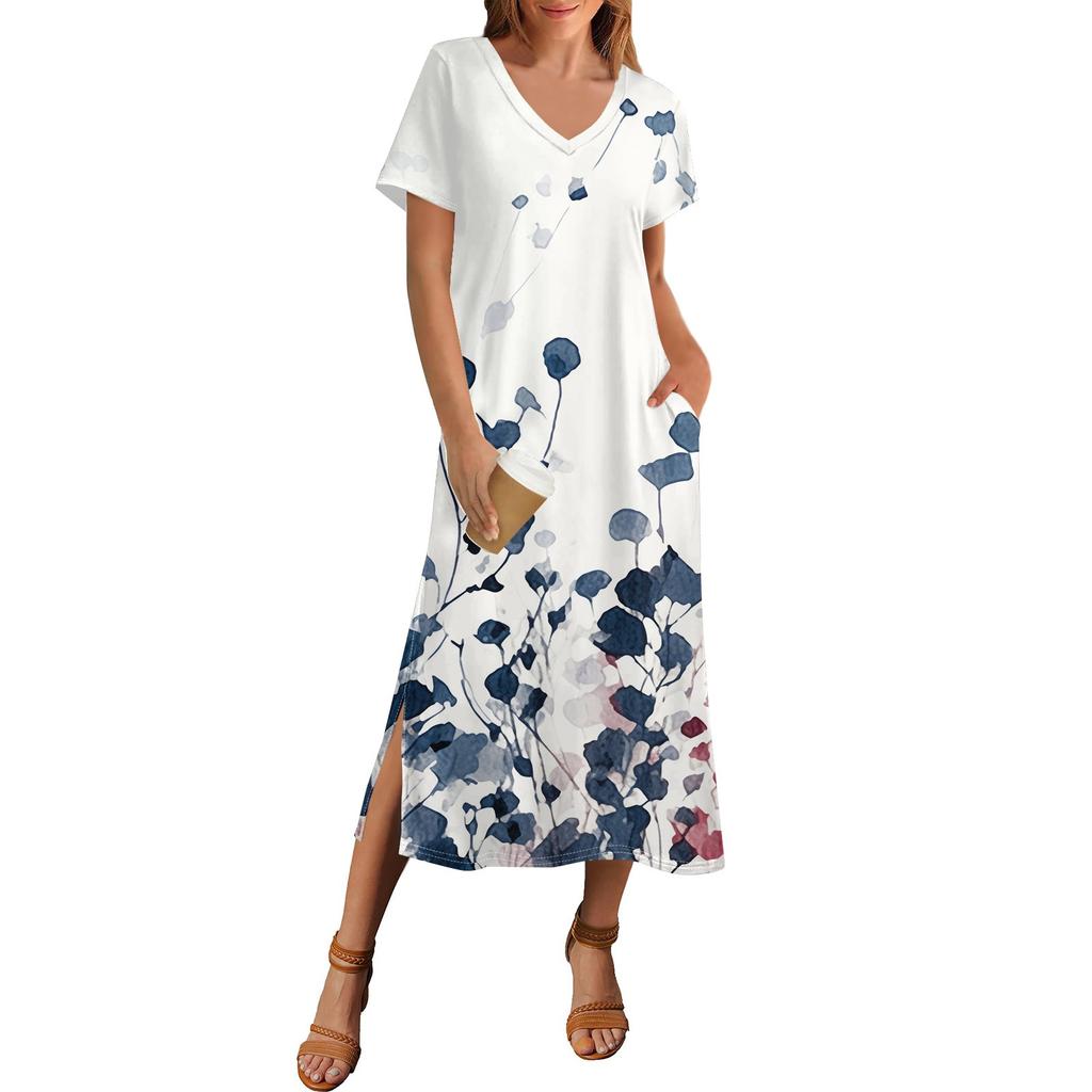 Women's Summer Floral Print Dress Short Sleeve Beach Dress With Pocket Casual V-neck Hem Side Slit Dress