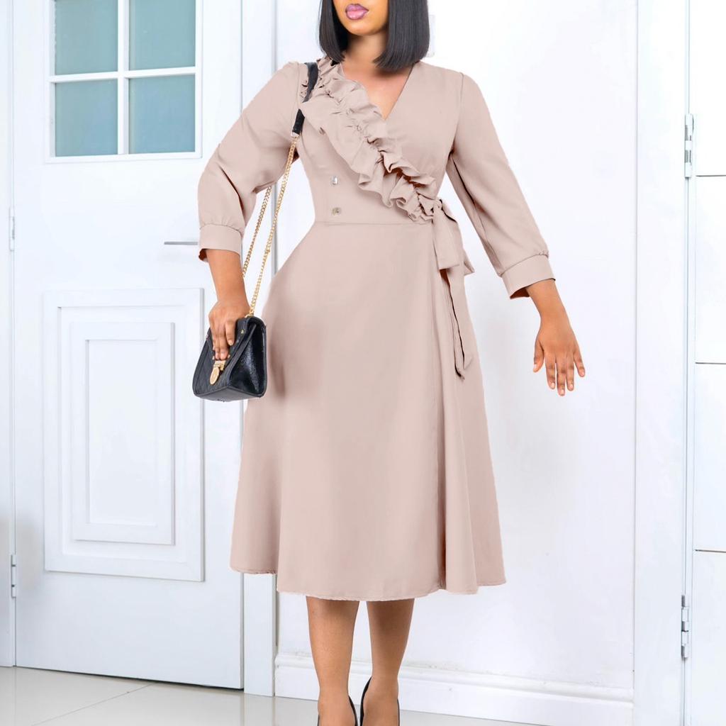 YYFS Women's Fashion Spring Fall Solid Color Print 3/4 Sleeves V-Neck High Waist Casual Dresses