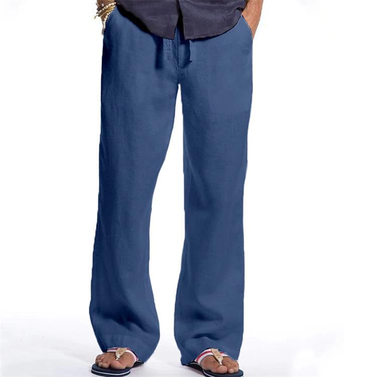 Модные мужские прямые брюки из хлопка и льна, свободные повседневные брюки с завязками на шнурке, дышащие повседневные брюки